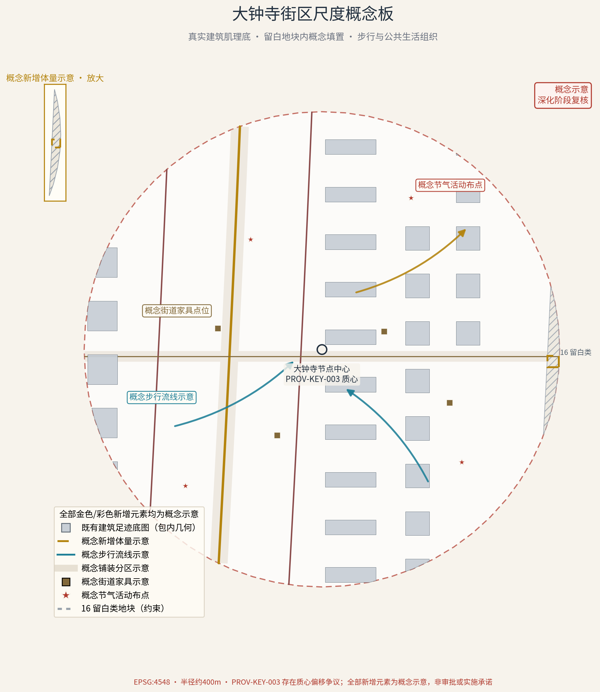 大钟寺街区概念板：约400米半径建筑肌理上的概念布局，含步行流线、铺装分区与节气活动组织