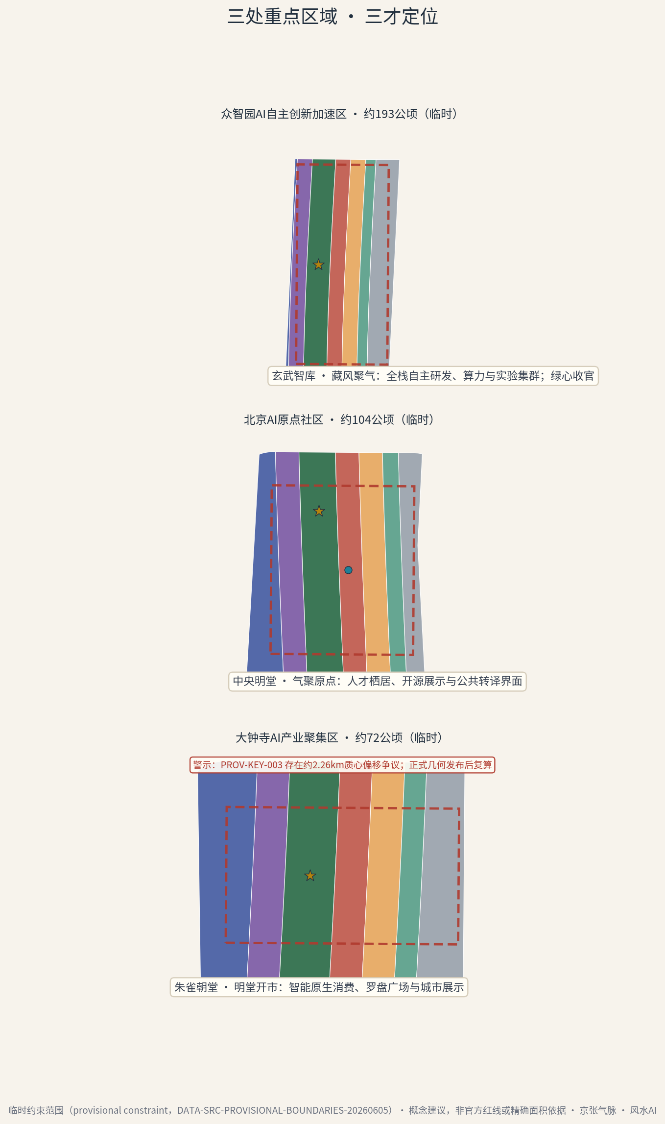 三处重点区域详细概念：藏风塔取环、人字回澜台取线、罗盘广场取盘，PROV 虚线为临时边界