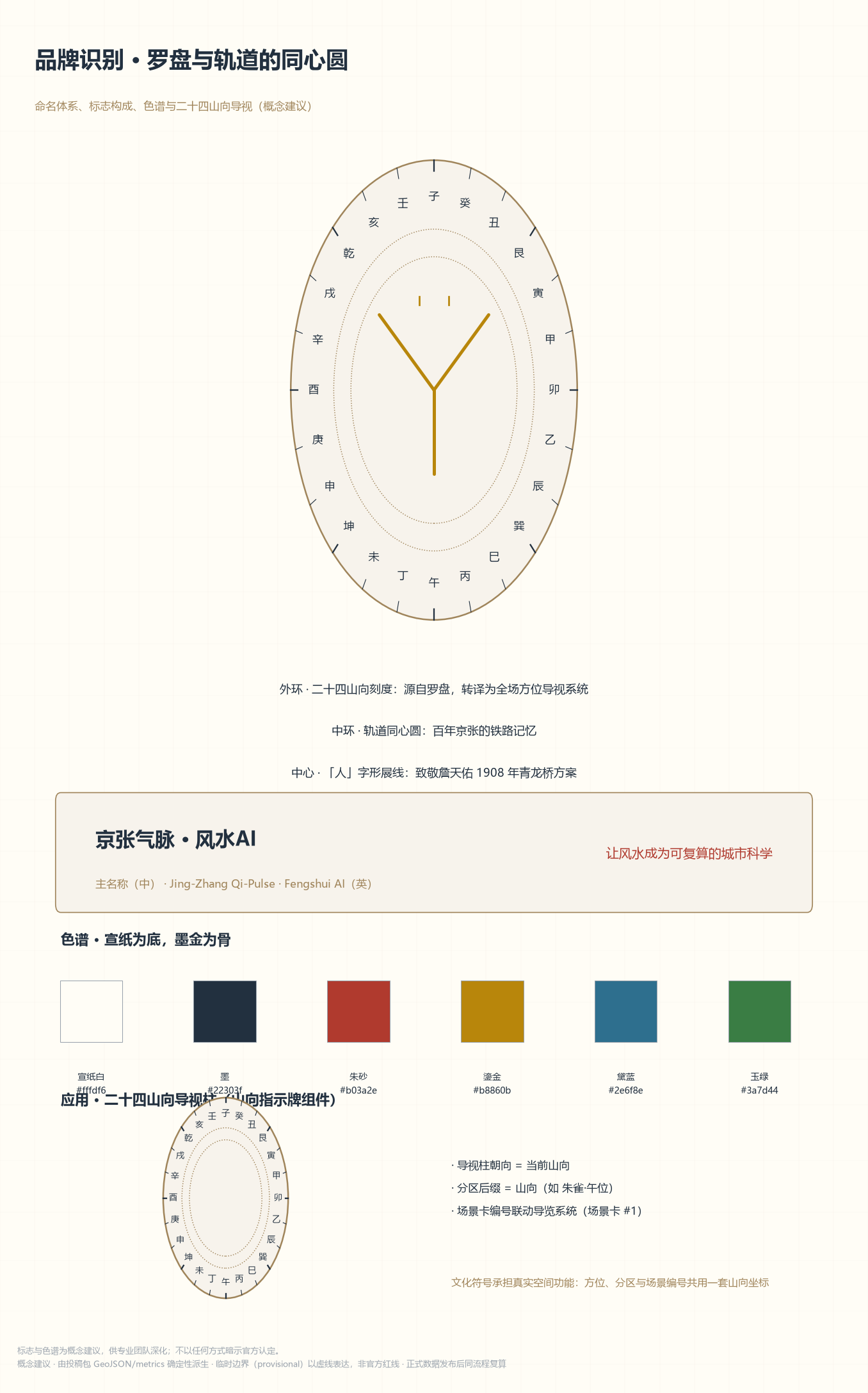 品牌识别系统：罗盘×轨道标志构成、六色色谱与二十四山向导视应用